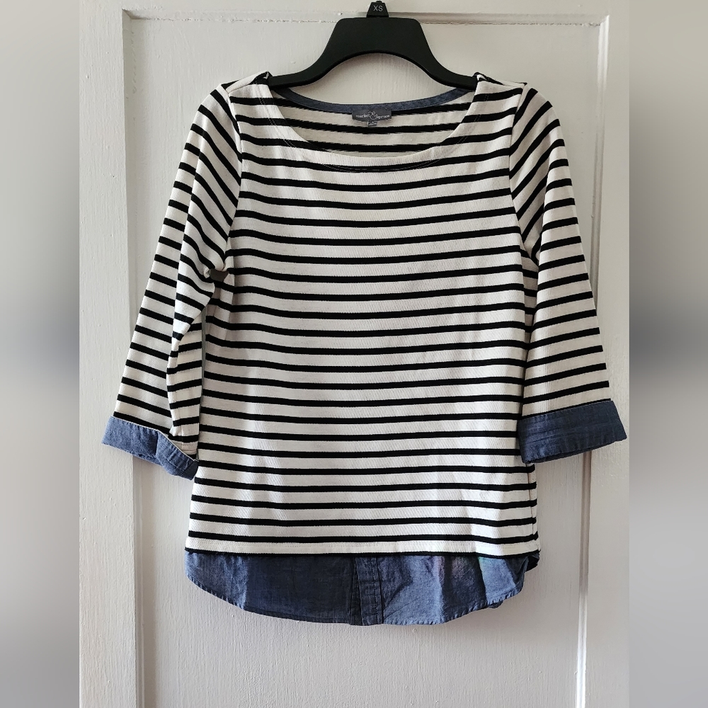 Striped Mixed Material Boatneck Top